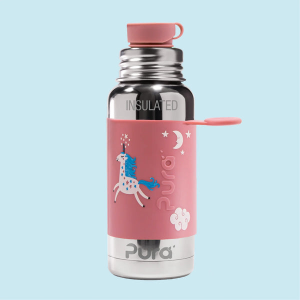 Isolert plastfri drikkeflaske for barn 475 ml i rustfritt stål med sportslokk, unicorn - Pura