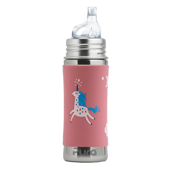 Plastfri drikkeflaske med sippytut for barn og baby 325 ml, rosa unicorn - Pura Kiki